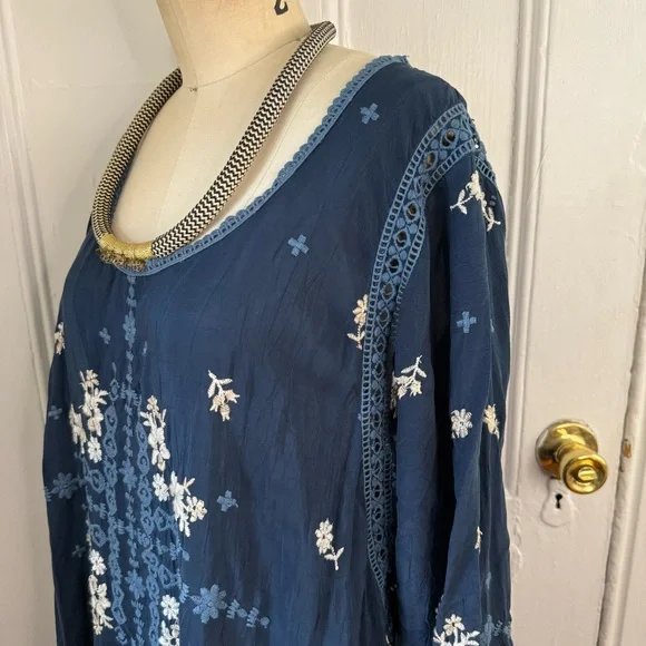 Johnny Was Abella scoop neck blue indigo Embroidered floral lace dress - Picture 3 of 11